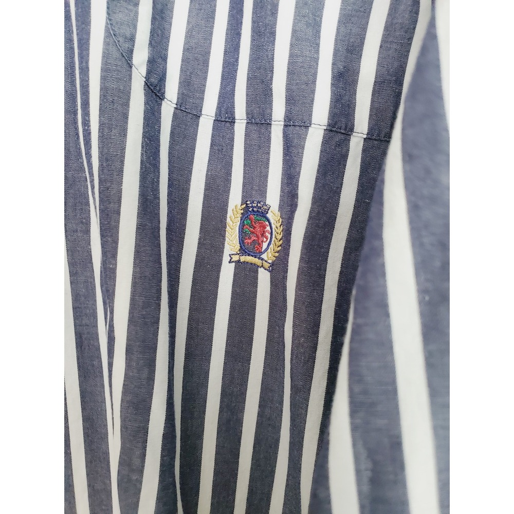 Tommy Hilfiger Button Down Shirt Blue White Striped Crest Logo Preppy Mens XL